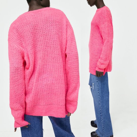 NEW Zara Light Weight Oversized Open Knit Longline Tunic Sweater Neon Pink M - Picture 6 of 9